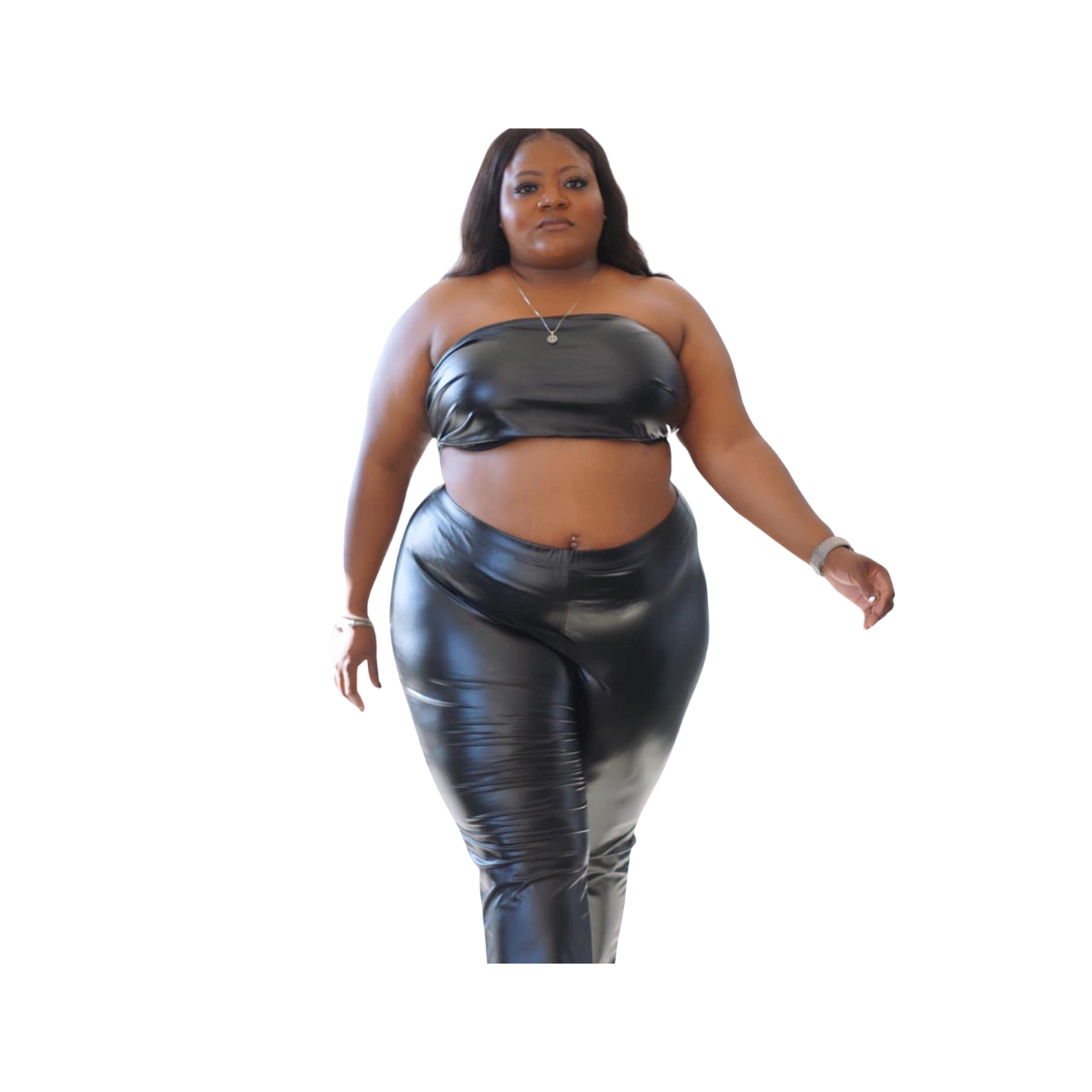 Plus Size Leather Strapless Backless Two Piece Pants Set – Full