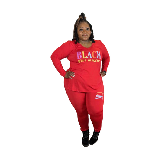 Black Girl Magic V-Neck Long Sleeve Legging Set | Red