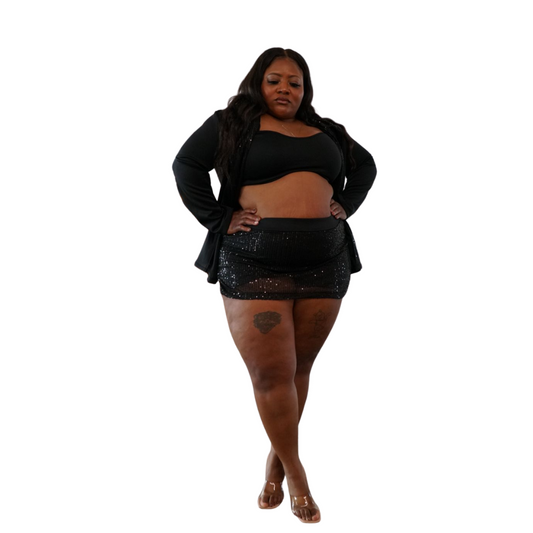 Goddess Skort Set|Sequin Cami Top+Coat+Mini Skirt 3 Piece Set | Black