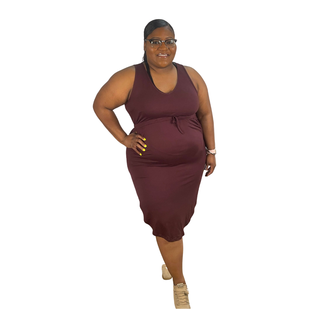 Drawstring Sleeveless Midi Dress | Wine – Full Figure Boss Boutique