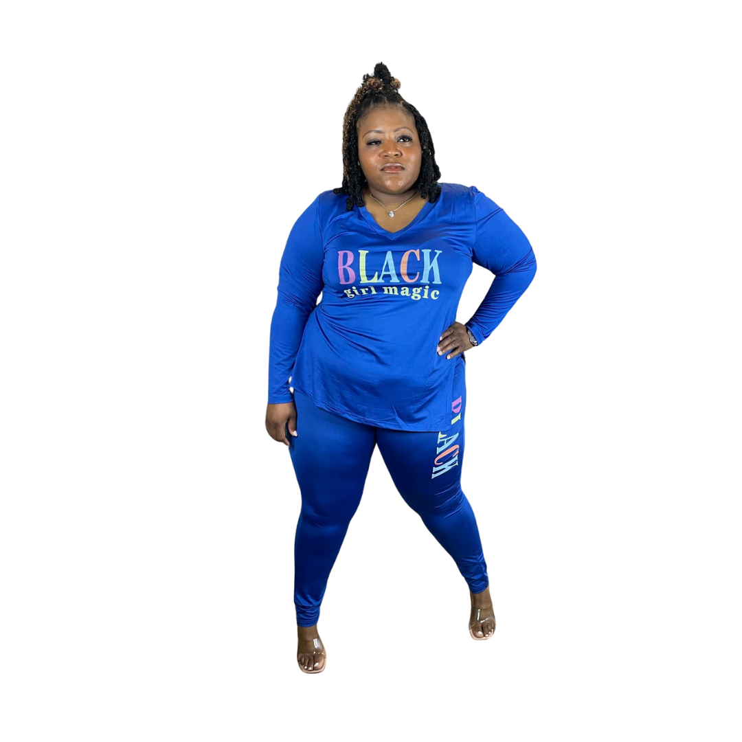 Black Girl Magic V-Neck Long Sleeve Legging Set | Blue