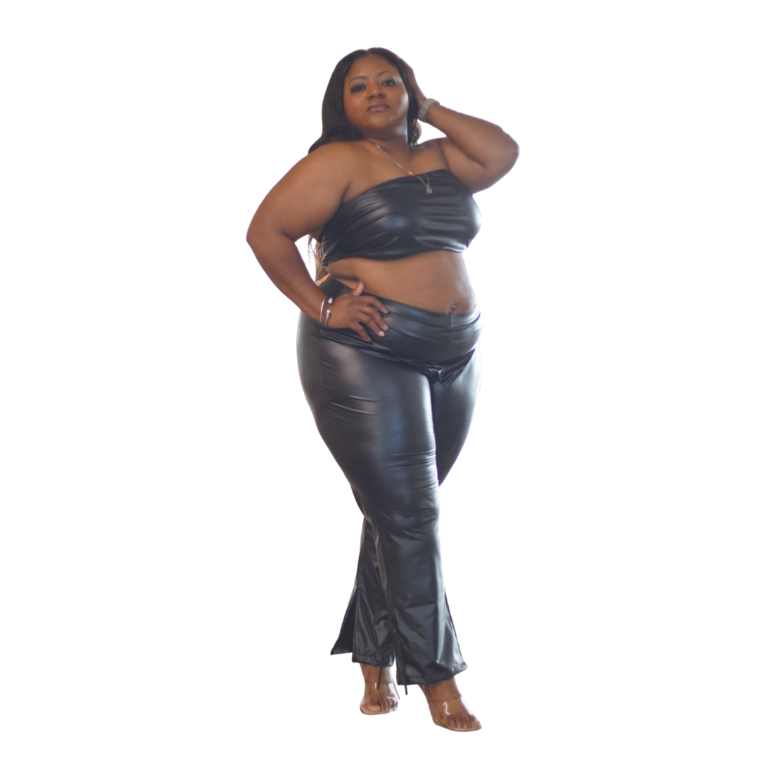 Plus Size Leather Strapless Backless Two Piece Pants Set