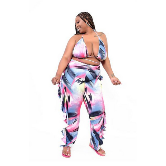 Plus Size Printed Halter Bikini 3 Piece Set