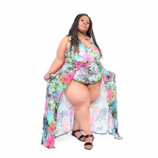 Plus Size Tropical Print Halter One Piece Swimset w/ Sheer Skirt